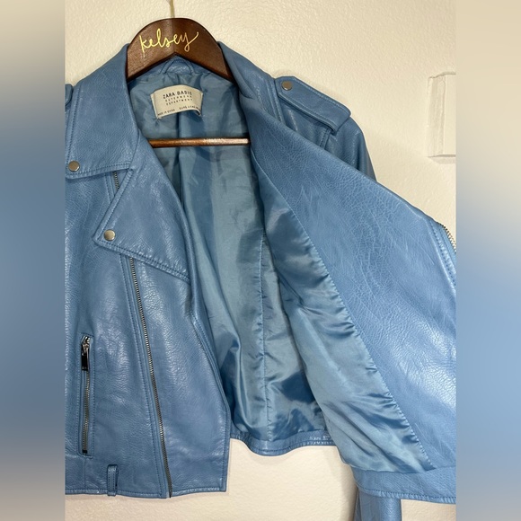 Zara Basics Size Small Blue Faux Leather Jacket - Picture 4 of 5